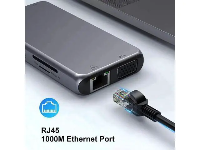 Alt view image 5 of 7 - 10 in 1 USB C Multiport Hub Adapter, USB C Dongle with 4K HDMI, VGA, Gigabit Ethernet, 100W PD Charging, 3×USB3.0, SD/TF Card Reader, 3.5mm Audio Mic Jack, Compatible with MacBook Pro/Air & All USB-C