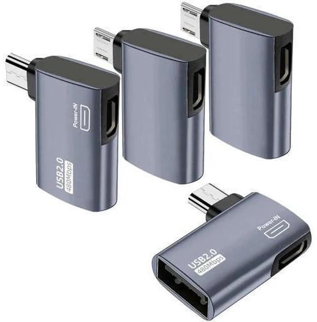 Main image of 4 Pack 90 Degree Powered Micro USB OTG Adapter, Left & Right Angle Micro USB Male to USB A Female with Extra Micro USB Power Port for Fire TV Stick 4K, Micro USB Android Phones & Tablets, Grey