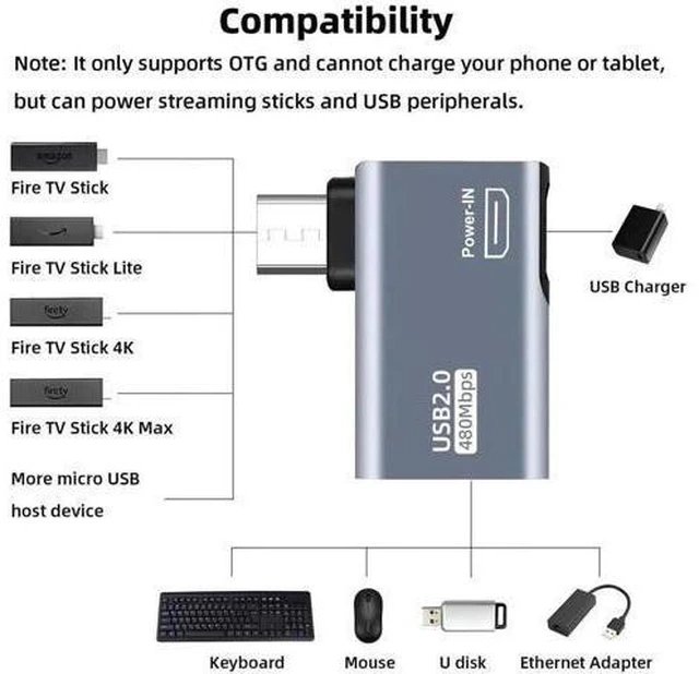 Alt view image 2 of 6 - 4 Pack 90 Degree Powered Micro USB OTG Adapter, Left & Right Angle Micro USB Male to USB A Female with Extra Micro USB Power Port for Fire TV Stick 4K, Micro USB Android Phones & Tablets, Grey