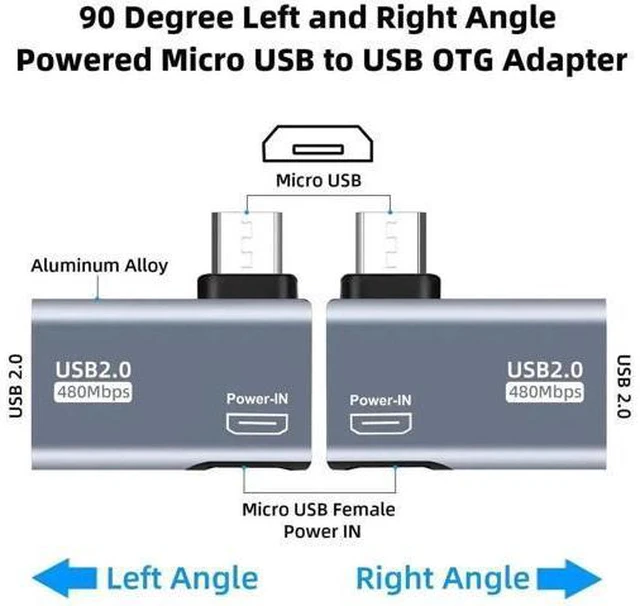 Alt view image 6 of 6 - 4 Pack 90 Degree Powered Micro USB OTG Adapter, Left & Right Angle Micro USB Male to USB A Female with Extra Micro USB Power Port for Fire TV Stick 4K, Micro USB Android Phones & Tablets, Grey