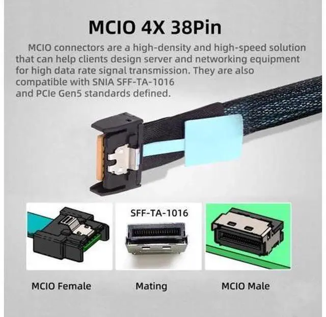Alt view image 2 of 7 - 50cm PCIe 5.0 MCIO 4i 38Pin Male to SFF-TA-1016 MCIO Extension Cable