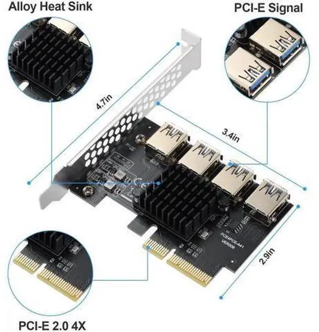 Alt view image 3 of 7 - PCIe 4x to 4 PCIe Slots Riser Multiplier Card, USB3.0 Expansion Adapter for Crypto Bitcoin Mining Rig