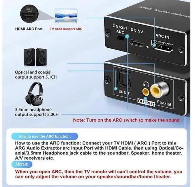 Alt view image 6 of 7 - HDMI ARC Audio Extractor Adapter, 192KHz ARC Audio Return Channel Converter, Extract TV ARC Sound to Toslink Optical + Coaxial + 3.5mm Analog Stereo Output
