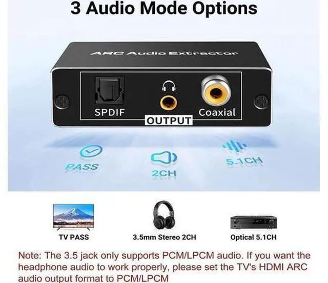 Alt view image 7 of 7 - HDMI ARC Audio Extractor Adapter, 192KHz ARC Audio Return Channel Converter, Extract TV ARC Sound to Toslink Optical + Coaxial + 3.5mm Analog Stereo Output