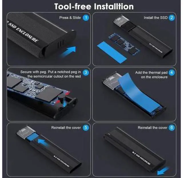 Alt view image 4 of 7 - M.2 NVMe & SATA SSD Enclosure, USB 3.1 Gen 2 10Gbps Type-C External SSD Reader Adapter, Fits M-Key / B+M Key M.2 Drives 2230 2242 2260 2280