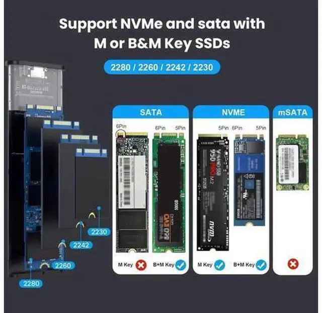 Alt view image 3 of 7 - M.2 NVMe & SATA SSD Enclosure, USB 3.1 Gen 2 10Gbps Type-C External SSD Reader Adapter, Fits M-Key / B+M Key M.2 Drives 2230 2242 2260 2280