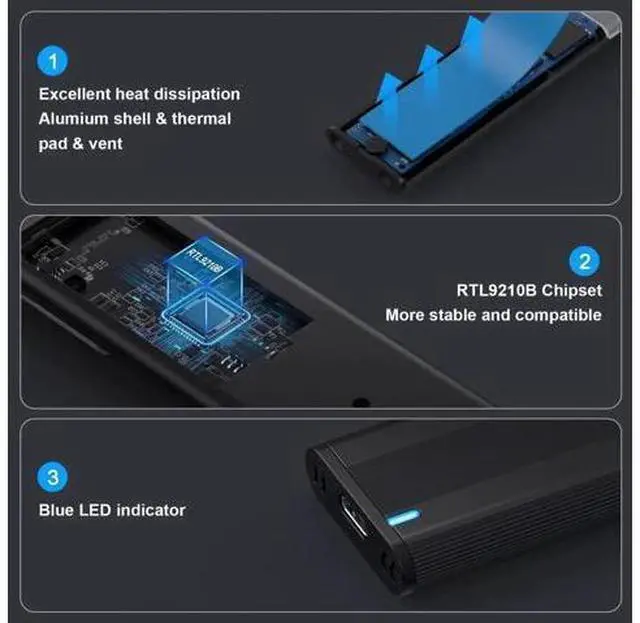 Alt view image 7 of 7 - M.2 NVMe & SATA SSD Enclosure, USB 3.1 Gen 2 10Gbps Type-C External SSD Reader Adapter, Fits M-Key / B+M Key M.2 Drives 2230 2242 2260 2280