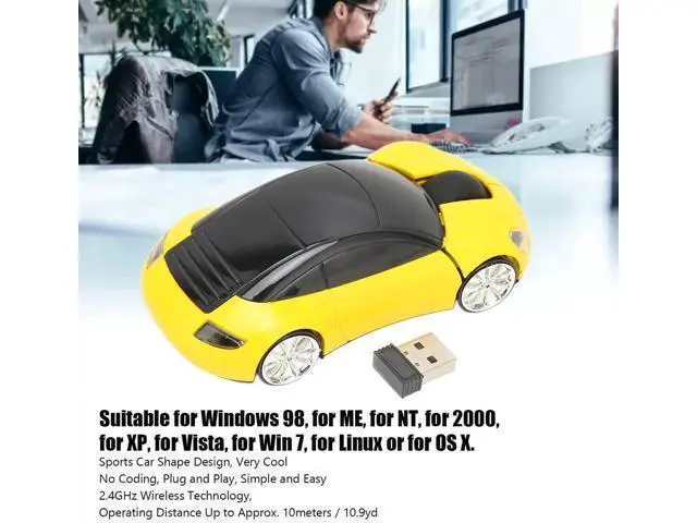 Alt view image 4 of 7 - 2.4GHz Wireless 3D Sport Car Shape Optical Gaming Mouse with USB Receiver, Cute Car Design Wireless Mice for PC Laptop Desktop, Yellow