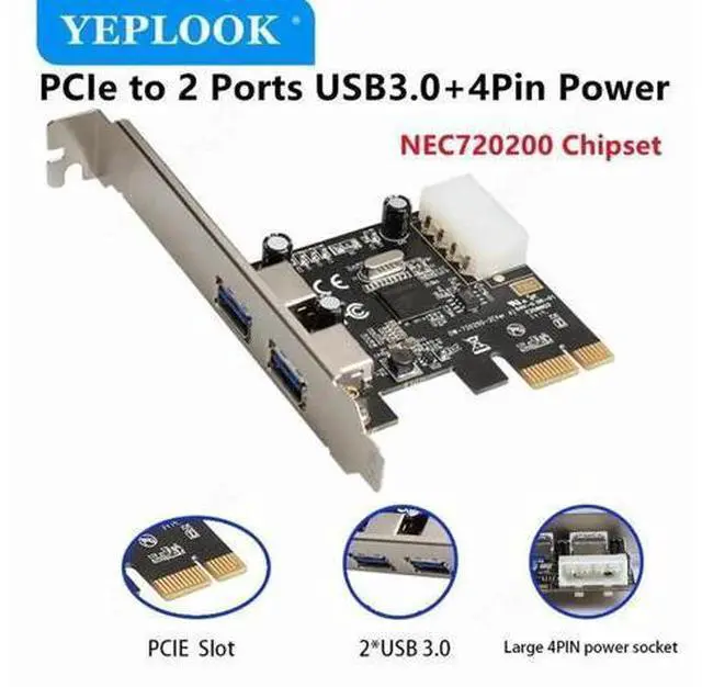 Main image of PCIe 1X to 2-Port USB3.0 Expansion Card with IDE 4Pin Power Port, 5Gbps High Speed PCI Express Riser Adapter Built-in NEC720200 Controller Chip