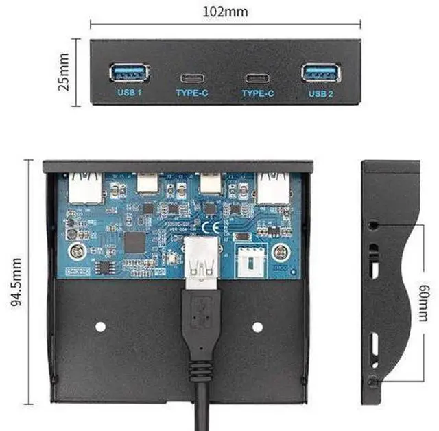 Alt view image 6 of 7 - 4-Port USB-C & USB 3.0 Hub Cable, Front Panel 20Pin to Motherboard Connector for 3.5" Floppy Bay