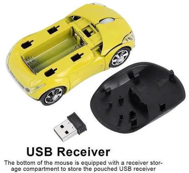 Alt view image 4 of 7 - 2.4G Wireless Cute Car Shape Optical Mouse with USB Receiver, 1600DPI Portable Mini Car Mice Compatible with Windows XP/7/ME/2000 & Mac OS, Yellow