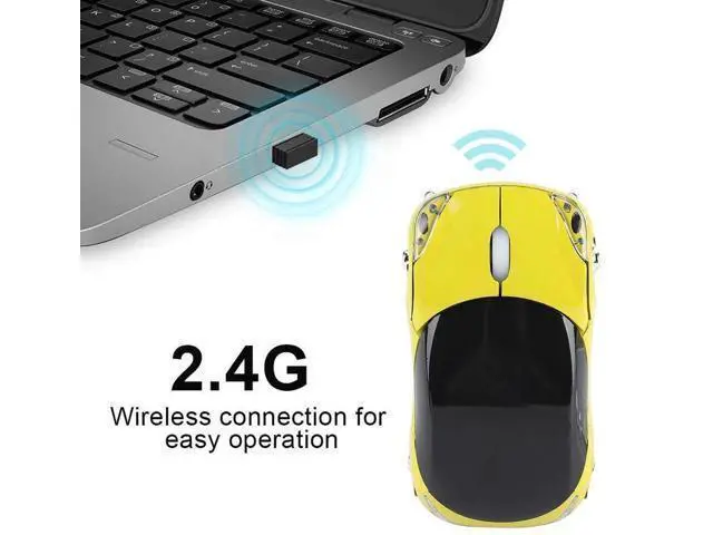 Alt view image 3 of 7 - 2.4G Wireless Cute Car Shape Optical Mouse with USB Receiver, 1600DPI Portable Mini Car Mice Compatible with Windows XP/7/ME/2000 & Mac OS, Yellow