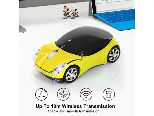 Alt view image 7 of 7 - 2.4G Wireless Cute Car Shape Optical Mouse with USB Receiver, 1600DPI Portable Mini Car Mice Compatible with Windows XP/7/ME/2000 & Mac OS, Yellow