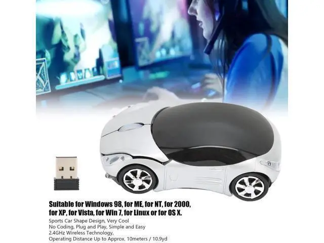Alt view image 7 of 7 - 2.4GHz Wireless Cool Sport Car Shape Optical Mouse, Mini Sports Car Gaming Mice Compatible with Win98 Win7 Linux PC Laptop Computer, Silver