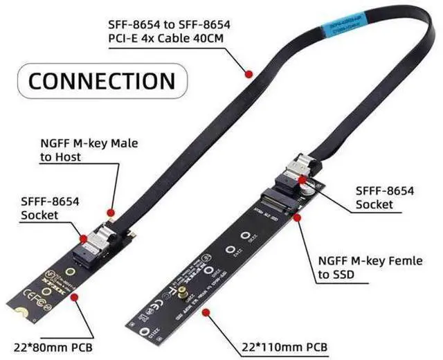 Alt view image 7 of 7 - 40cm NGFF M-Key NVMe Male to Female Extension Cable with SFF-8654 Connector, Compatible with Motherboard 2280/22110 NVMe SSD