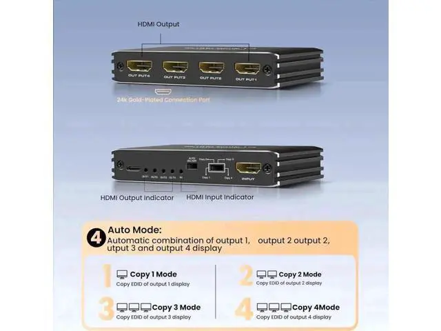 Alt view image 5 of 7 - HDMI 2.1 1 in 4 Out Splitter 8K@60Hz 4K@120Hz 48Gbps Mirror Duplicate Splitter HDCP 2.3 RGB 4:4:4 Active Powered Splitter for Gaming Monitors TV Projector