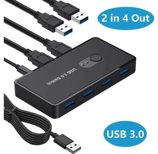 Main image of 2-In-4 Out USB 3.0 KM Switch, 2 PCs Share 4 USB 3.0 Ports, with 2 USB Cables for Mouse Keyboard Printer Scanner, Compatible with Mac Windows Linux