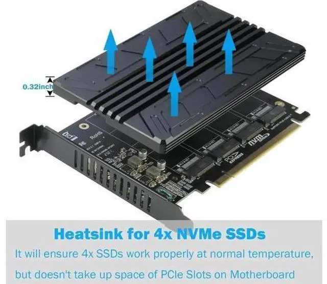 Alt view image 5 of 6 - RIITOP 4-Port Quad M.2 NVMe PCIe 4.0/3.0 x16 Expansion Adapter Card with Heatsink, Supports 2230/2242/2260/2280 NVMe SSD (PCIe Bifurcation Required)