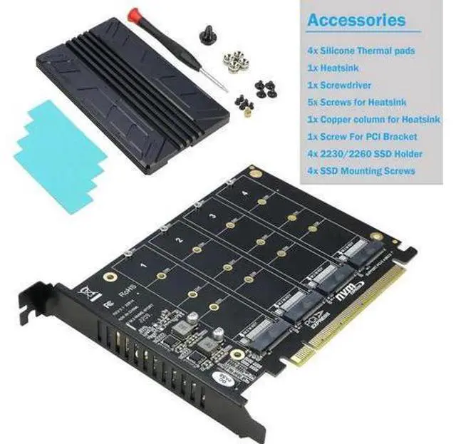 Alt view image 3 of 6 - RIITOP 4-Port Quad M.2 NVMe PCIe 4.0/3.0 x16 Expansion Adapter Card with Heatsink, Supports 2230/2242/2260/2280 NVMe SSD (PCIe Bifurcation Required)