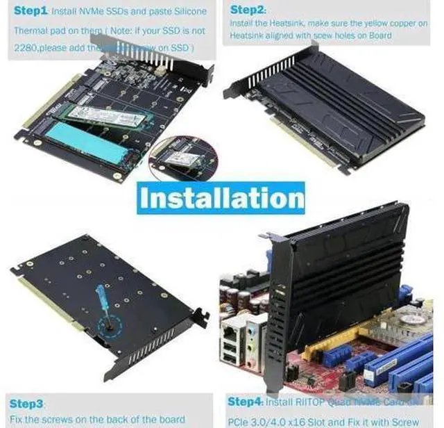 Alt view image 4 of 6 - RIITOP 4-Port Quad M.2 NVMe PCIe 4.0/3.0 x16 Expansion Adapter Card with Heatsink, Supports 2230/2242/2260/2280 NVMe SSD (PCIe Bifurcation Required)
