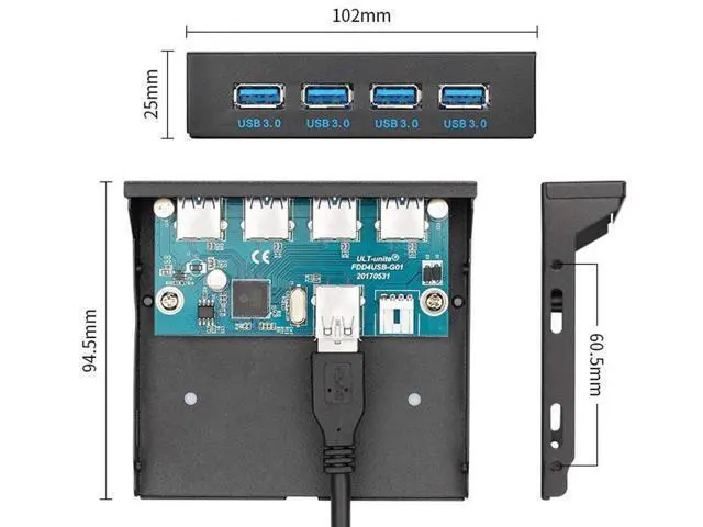 Alt view image 3 of 7 - 4-Port USB 3.0 Front Panel Hub, 3.5" Floppy Bay Mount, 20Pin to Motherboard Adapter with SATA Power Cable