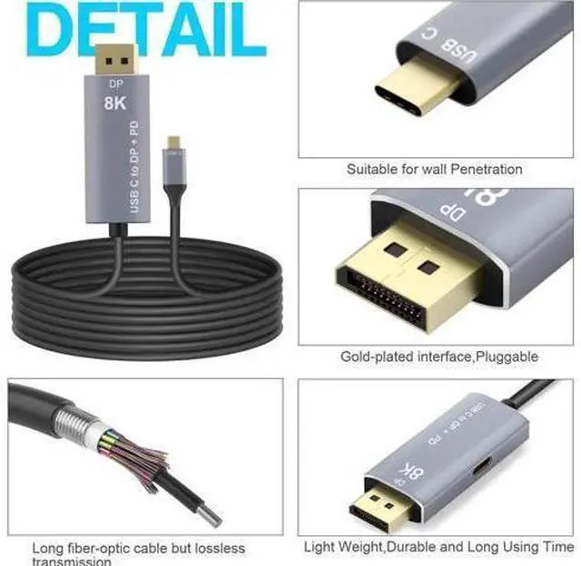 Alt view image 3 of 7 - 1.8M USB C to DP 1.4 Cable with USB-C PD Charging, Thunderbolt 3 Compatible 8K@60Hz 4K@144Hz Type-C to DisplayPort Converter Cord for MacBook Pro 2019 2020