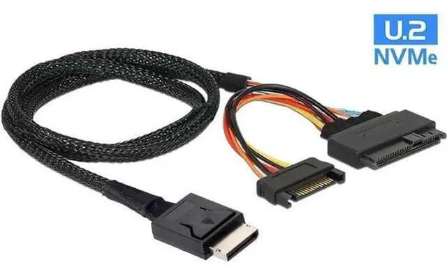 Main image of PCIe 4.0 SFF-8611 4i Oculink to SFF-8639 U.2/U.3 NVMe SSD Cable with SATA Power, Black Sleeved, 1.64FT