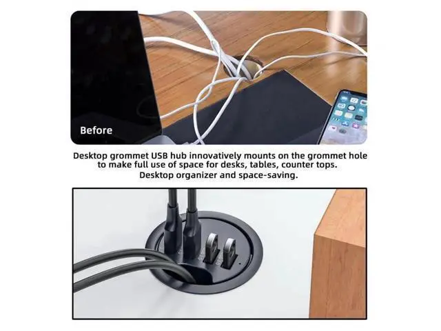 Alt view image 2 of 7 - 60mm Desk Grommet Flush Mount 4-Port USB 3.0 Dock Splitter, 5Gbps High Speed Interface Expansion Station for Office Desktop PC