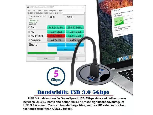 Alt view image 3 of 7 - 60mm Desk Grommet Flush Mount 4-Port USB 3.0 Dock Splitter, 5Gbps High Speed Interface Expansion Station for Office Desktop PC