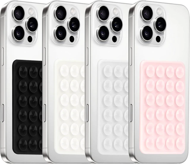 Main image of 4Pack Silicone Suction Phone Case Mount, Silicon Adhesive Smartphones Stand Sticky, Hands-Free Phone Accessories Holder for Selfies and Videos (Black & White & Translucent & Light Pink)