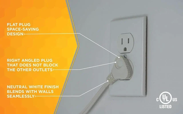 Alt view image 6 of 7 - Extension Cord - 16/3 Indoor Flat Plug with Right Angled Design - 3 Polarized Outlets - PVC Jacket - Space Saving - Neutral White - 16 Gauge - 3 Feetd