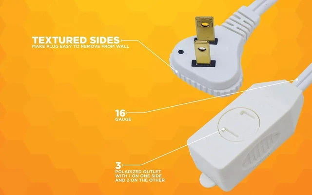 Alt view image 7 of 7 - Extension Cord - 16/3 Indoor Flat Plug with Right Angled Design - 3 Polarized Outlets - PVC Jacket - Space Saving - Neutral White - 16 Gauge - 3 Feetd