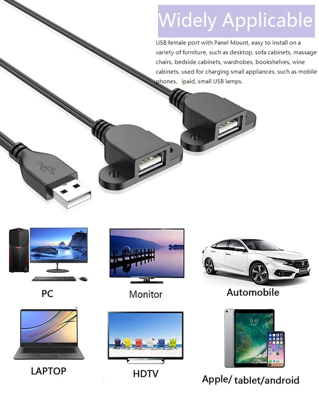 Alt view image 4 of 7 - USB Charging Extension Cable Male to Dual Female, USB 2.0 Charging Port 1 to 2 Panel Mount with Screw Hole