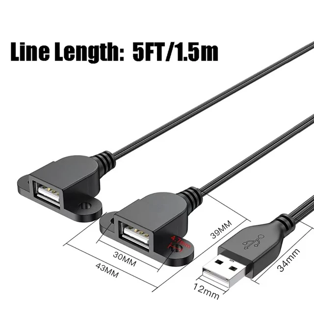 Alt view image 7 of 7 - USB Charging Extension Cable Male to Dual Female, USB 2.0 Charging Port 1 to 2 Panel Mount with Screw Hole
