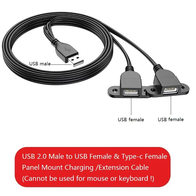 Alt view image 6 of 7 - USB Charging Extension Cable Male to Dual Female, USB 2.0 Charging Port 1 to 2 Panel Mount with Screw Hole