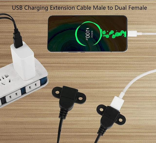 Alt view image 3 of 7 - USB Charging Extension Cable Male to Dual Female, USB 2.0 Charging Port 1 to 2 Panel Mount with Screw Hole