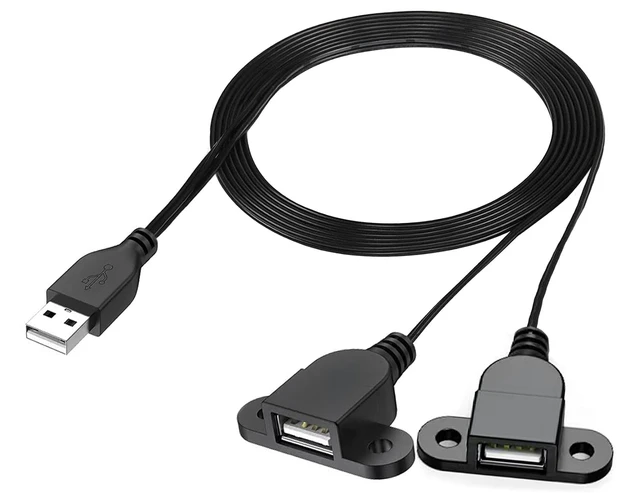 Main image of USB Charging Extension Cable Male to Dual Female, USB 2.0 Charging Port 1 to 2 Panel Mount with Screw Hole