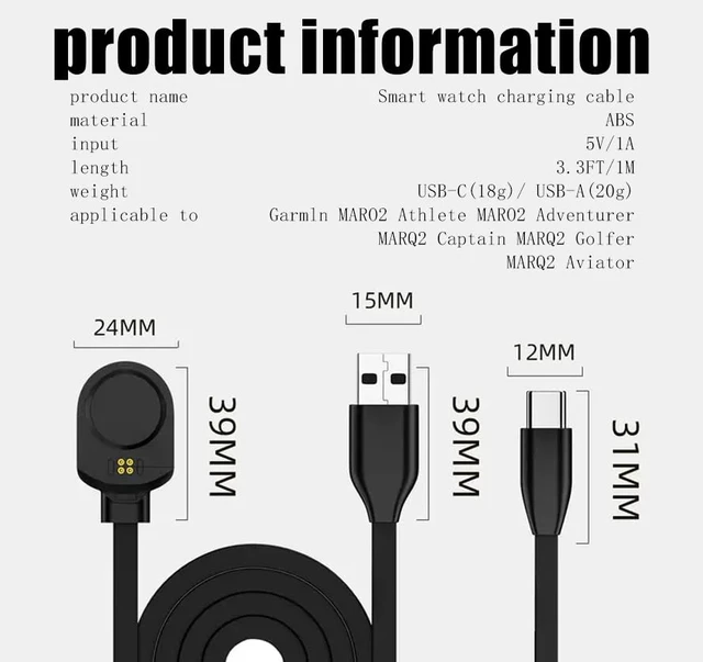 Alt view image 7 of 7 - Smart Watch Charging Cable 3.3FT for Garmln MARO2 Athlete MARO2 Adventurer MARQ2 Captain MARQ2 Golfer MARQ2 Aviator (USB-A)