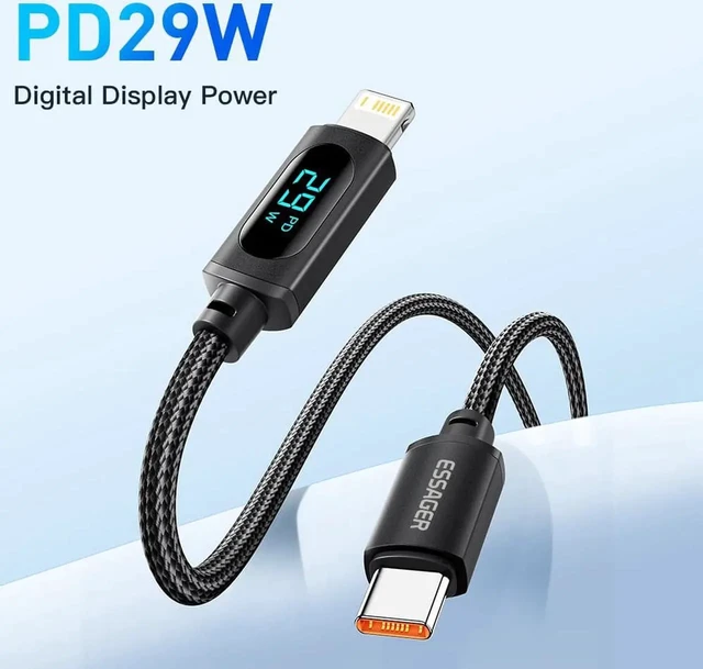 Alt view image 2 of 7 - 3.3FT/1-Pack USB C to Lightning Cable Nylon Braided MFi Certified, 29W Max PD Fast Charging Cable, with LED Display for iPhone 14 13 12 11 Pro Max X XS XR XS Max 8 Plus and More