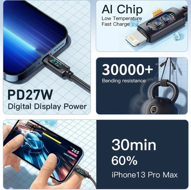 Alt view image 3 of 7 - 3.3FT/1-Pack USB C to Lightning Cable Nylon Braided MFi Certified, 29W Max PD Fast Charging Cable, with LED Display for iPhone 14 13 12 11 Pro Max X XS XR XS Max 8 Plus and More