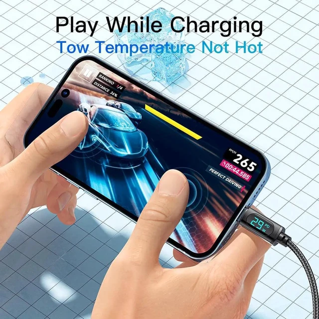 Alt view image 4 of 7 - 3.3FT/1-Pack USB C to Lightning Cable Nylon Braided MFi Certified, 29W Max PD Fast Charging Cable, with LED Display for iPhone 14 13 12 11 Pro Max X XS XR XS Max 8 Plus and More