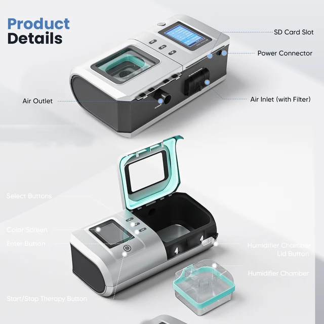 Alt view image 4 of 7 - Auto CPAP Sleep Breathing Machine, Single-Level, Dual Pressure Settings of Auto & Fixed, Built-in Heated Humidifier, Leak Compensation, Smart Ramp Function, Sleep Data Report Record, Low Noise