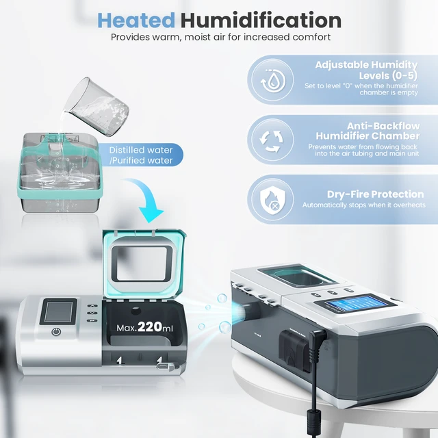 Alt view image 5 of 7 - Auto CPAP Sleep Breathing Machine, Single-Level, Dual Pressure Settings of Auto & Fixed, Built-in Heated Humidifier, Leak Compensation, Smart Ramp Function, Sleep Data Report Record, Low Noise