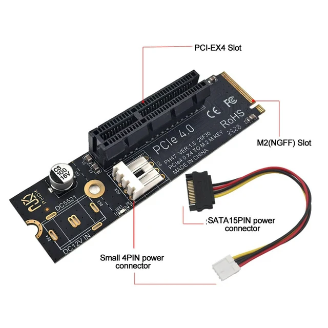 Alt view image 6 of 6 - NGFF M.2 To PCI-E 4X Riser Card Compatible with X1 X4 X8 X16 PCI-e Interface SATA Power Riser Static Bag Packaging