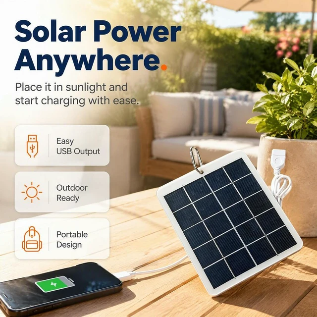 Alt view image 2 of 3 - Solar Panel Charger 3W 5V USB Polysilicon 20.5% Efficiency Outdoor Camping Power Supply