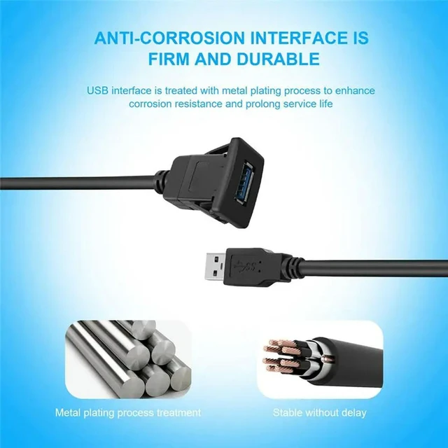 Alt view image 2 of 3 - 2 Pcs 1M Socket Cable USB 3.0 Auto Car Flush Mount Male To Female Extension Cord Dashboard Panel Square Audio Line