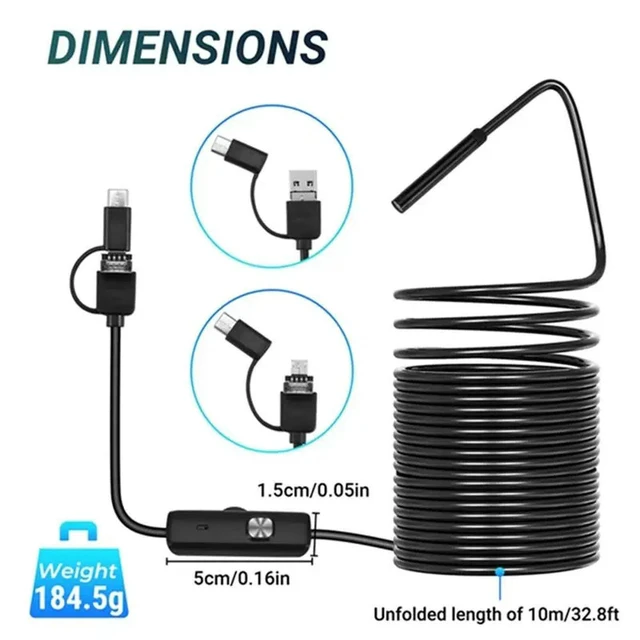 Alt view image 2 of 3 - USB Flexible Snake Camera Sewer Industrial Endoscope Piping Endoscopy 5.5Mmx10m Car For Android 3 In 1 Borescope