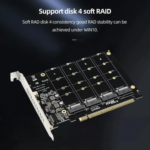 Alt view image 2 of 3 - 4 Port M.2 NVME SSD To PCIE X16 Hard Drive Converter 4X32Gbps Reader Expansion Card Support 2230/2242/2260/2280 LED Indicator