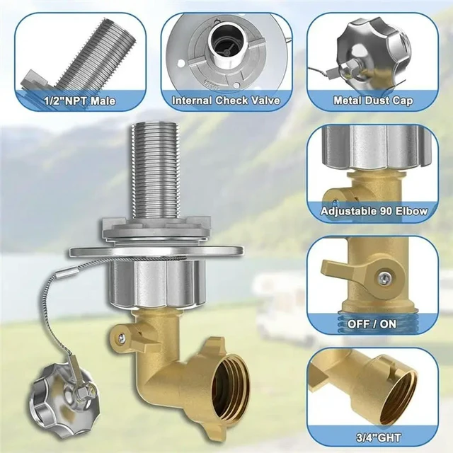 Alt view image 2 of 3 - For RV City Water Inlet With Check Valve, For RV Campers Motorhome Trailer Marine 90° Solid Brass Hose Elbow