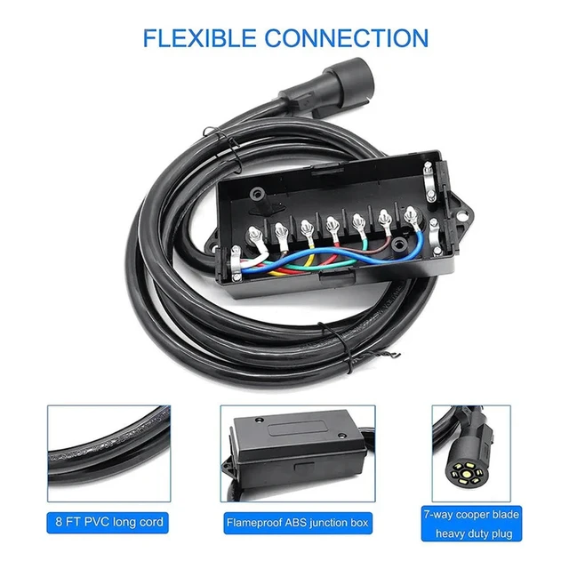 Alt view image 3 of 3 - 8 Foot 7 Pin Trailer Plug Wiring Harness 7 Way RV Trailer Cord Wire With 7 Gang Waterproof Junction Box Junction Box Kit